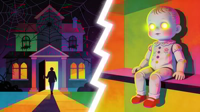 Ilustrație împărțită: o persoană intrând într-un conac bântuit versus o păpușă de porțelan sinistră cu ochi strălucitori