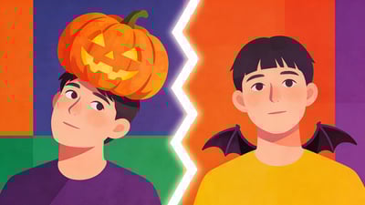 Ilustrație împărțită: o persoană cu un dovleac mare sculptat pe cap încercând să vadă versus o persoană cu aripi mici de liliac prea mici pentru a zbura