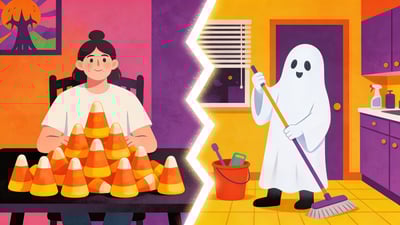 Ilustrație împărțită: o persoană la o masă cu munți de bomboane versus o fantomă prietenoasă făcând treabă într-un apartament