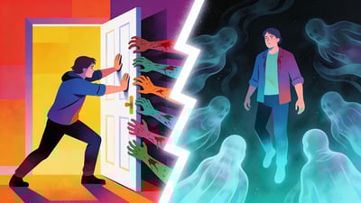 Ilustrație împărțită: o persoană baricadând o ușă împotriva mâinilor de zombi versus o persoană plutind într-o dimensiune fantomatică cu spirite