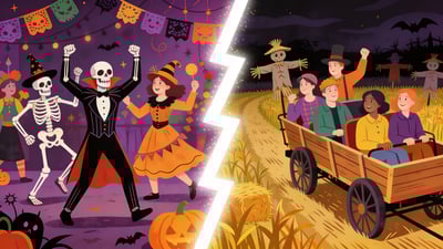 Ilustrație împărțită: o petrecere de Halloween cu schelete dansând versus un grup pe o plimbare bântuită prin câmpuri cu sperietori