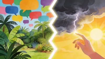 Geteilte Illustration: üppige grüne Pflanzen mit Sprechblasen versus ein dramatischer Himmel, der von einer Hand gesteuert wird