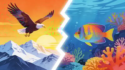 Geteilte Illustration: ein majestätischer Vogel über Bergen schwebend versus ein bunter Fisch, der durch ein Korallenriff schwimmt