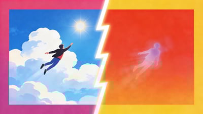 Geteilte Illustration: eine Figur, die durch strahlend blauen Himmel fliegt, versus eine verblassende durchsichtige Silhouette, die verschwindet