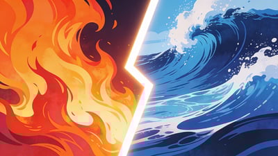 Geteilte Illustration: dramatische Flammen und wirbelndes Feuer versus mächtige Ozeanwellen und Wasser