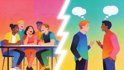 Ilustrație împărțită: un grup de prieteni râzând la o masă versus două persoane dezbătând cu bule de gândire deasupra