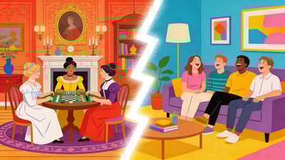 Ilustrație împărțită: un salon victorian cu oameni în haine elegante jucând versus un living modern cu prieteni pe canapea râzând