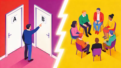 Ilustrație împărțită: o persoană arătând spre două uși etichetate A și B versus un grup stând în cerc vorbind pe rând
