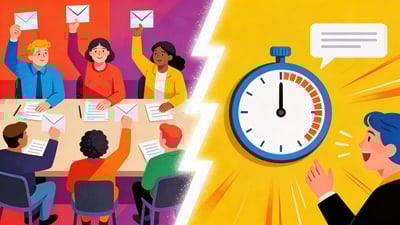 Ilustrație împărțită: prieteni în jurul unei mese votând cu mâinile ridicate versus un cronometru numărând în timp ce cineva răspunde rapid