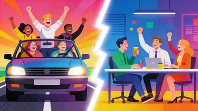 Ilustrație împărțită: o mașină plină de prieteni pe un drum lung râzând versus colegi la o masă distrându-se la un eveniment de echipă