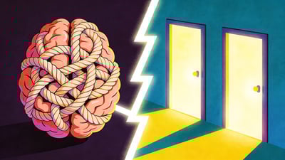 Ilustrație împărțită: un creier încurcat în noduri încercând să aleagă între două uși strălucitoare