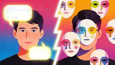 Ilustrație împărțită: o persoană cu bule de vorbire strălucitoare fără filtru versus o persoană văzând prin măști pe fețele celor din jur