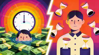 Ilustrație împărțită: o persoană înecată în stive de bani cu un ceas gol versus o persoană înconjurată de clepsidre cu buzunare goale
