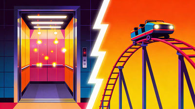 Ilustrație împărțită: un lift claustrofobic cu lumini pâlpâind versus un vagonet de roller coaster oprit în cel mai înalt punct