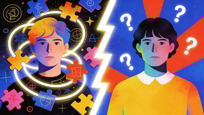 Ilustrație împărțită: o persoană înconjurată de piese de puzzle și simboluri criptice versus o persoană cu semne de întrebare plutind