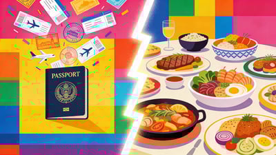 Ilustrație împărțită: un pașaport înconjurat de ștampile cu bilete de avion versus o masă plină de preparate gourmet din toată lumea