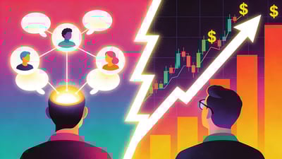 Ilustrație împărțită: o persoană cu bule de gândire conectate la capetele altor oameni versus o persoană urmărind grafice bursiere urcând