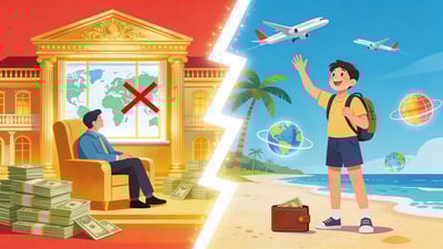 Ilustración dividida: persona en una mansión dorada incapaz de viajar versus viajero feliz con una billetera modesta explorando el mundo