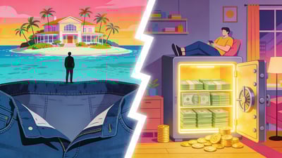 Ilustración dividida: persona en una isla privada con bolsillos vacíos versus persona relajándose con una bóveda bancaria llena
