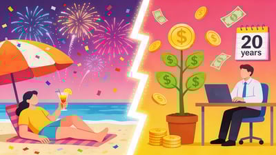 Ilustración dividida: persona disfrutando de unas vacaciones de ensueño en la playa versus persona observando cómo crece su inversión durante 20 años