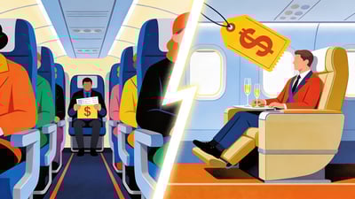 Ilustración dividida: persona exprimida en el asiento central gratuito versus persona descansando en primera clase cara