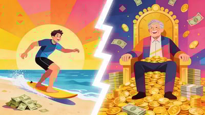 Ilustración dividida: joven jubilándose temprano en la playa versus persona mayor sentada en un trono de oro