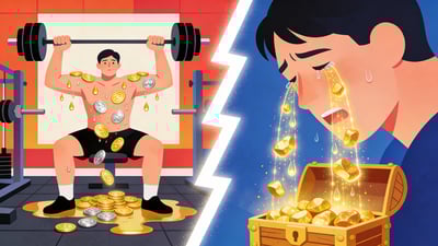 Ilustración dividida: persona en el gimnasio sudando monedas de oro versus persona llorando lágrimas de oro brillantes en un cofre del tesoro
