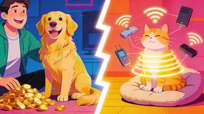 Ilustración dividida: perro sentado junto a pepitas de oro versus gato irradiando señales de WiFi desde un cojín acogedor