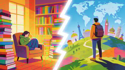 Ilustración dividida: rincón de lectura acogedor con pilas de libros versus viajero aventurero con vistas a lugares emblemáticos del mundo