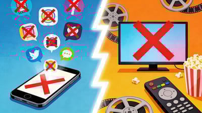 Ilustración dividida: teléfono inteligente con iconos de redes sociales tachados versus televisor y control remoto de transmisión tachados