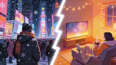Ilustración dividida: persona abrigada en una multitud nevada de Times Square versus persona relajada en un sofá acogedor viendo fuegos artificiales en la televisión