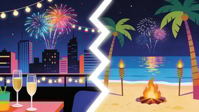 Ilustración dividida: fiesta en la azotea con horizonte de la ciudad y fuegos artificiales versus celebración en la playa con fuegos artificiales sobre el océano