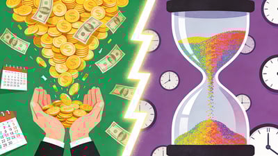 Ilustración dividida: monedas de oro y dinero lloviendo en manos abiertas versus reloj de arena con arena fluyendo hacia arriba invirtiendo el tiempo