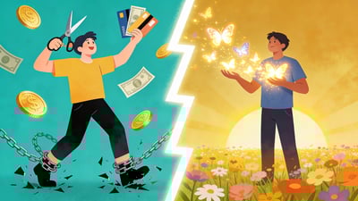 Ilustración dividida: persona cortando tarjetas de crédito con cadenas rotas versus persona liberando mariposas brillantes en un campo al amanecer