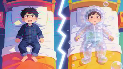Ilustración dividida: niño en pijama rígido de mezclilla contra niño en pijama de plástico de burbujas que explotan
