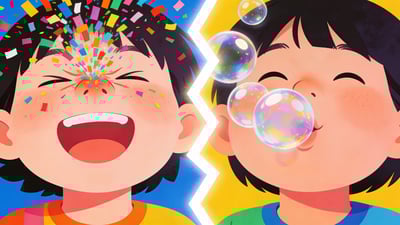 Ilustración dividida: niño estornudando confeti de colores contra niño teniendo hipo en burbujas brillantes