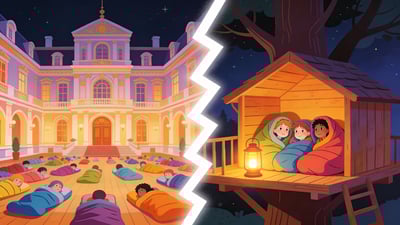 Ilustración dividida: pijamada abarrotada en una mansión con docenas de niños contra pijamada acogedora en una casa del árbol con tres amigos