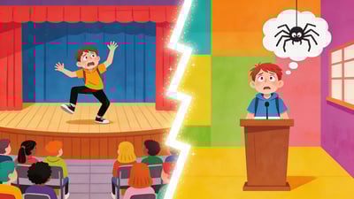 Ilustración dividida: adolescente haciendo un baile en el escenario escolar contra adolescente dando un discurso nervioso en un podio