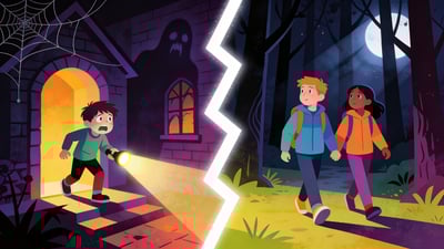 Ilustración dividida: niño asustado solo en una casa embrujada espeluznante contra dos amigos caminando por un bosque oscuro iluminado por la luna