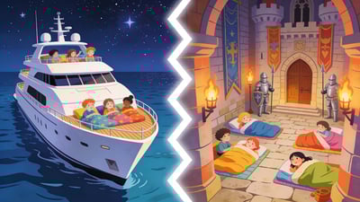 Ilustración dividida: niños teniendo una pijamada en un yate de lujo bajo las estrellas contra niños en sacos de dormir dentro de un gran castillo medieval