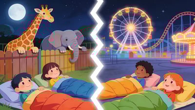 Ilustración dividida: niños con sacos de dormir en un zoológico iluminado por la luna con jirafas contra niños en un parque de diversiones vacío con una rueda de la fortuna brillante