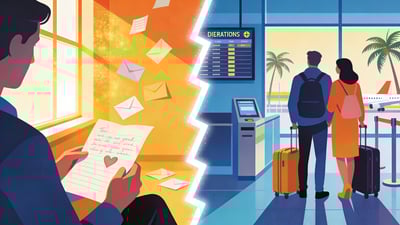 Ilustración dividida: persona leyendo una carta de amor sincera junto a una ventana versus pareja en un aeropuerto lista para un viaje sorpresa
