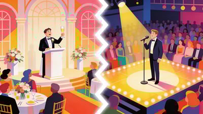 Ilustración dividida: persona nerviosa dando un discurso en una boda versus persona cantando karaoke sola en el escenario frente a una multitud