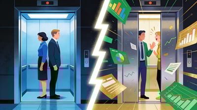 Ilustración dividida: dos personas de pie torpemente en un ascensor versus persona atrapada con un hablador entusiasta de criptomonedas