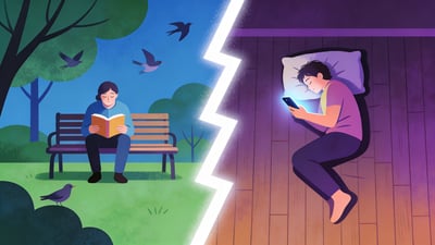 Ilustración dividida: persona relajándose en un banco del parque sin teléfono versus persona durmiendo en un piso desnudo mientras desplaza un teléfono