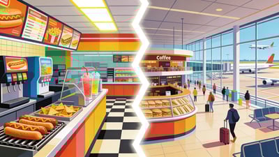 Ilustración dividida: tienda de conveniencia de gasolinera con perritos calientes y máquinas de granizados versus patio de comidas de la terminal del aeropuerto con sándwiches caros
