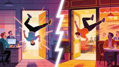 Ilustración dividida: persona haciendo una rueda a través de la puerta de una oficina versus persona haciendo una voltereta hacia atrás saliendo de un restaurante