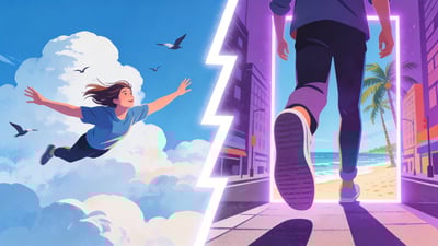 Ilustración dividida: persona volando a través de las nubes contra persona entrando por un portal brillante