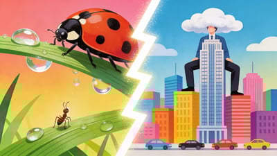 Ilustración dividida: persona pequeña en una brizna de hierba contra persona gigante elevándose sobre una ciudad