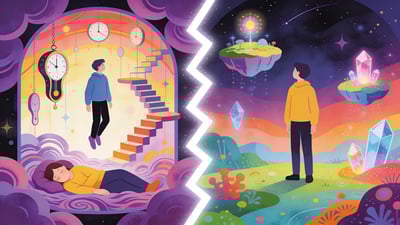Ilustración dividida: persona flotando en un paisaje onírico surrealista contra persona en una dimensión de bolsillo mágica